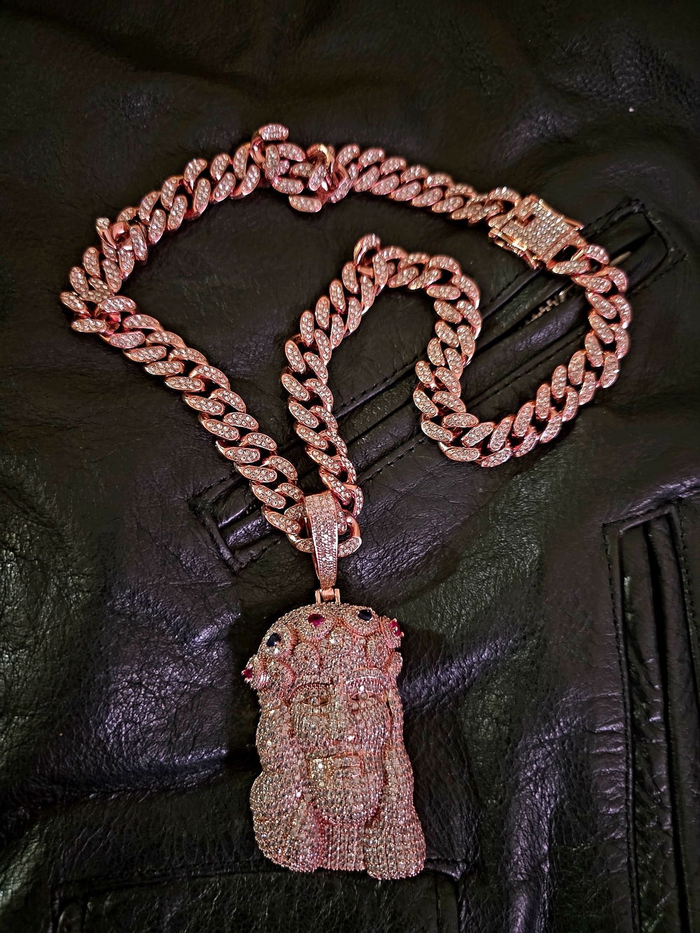 Rhinestone Jesus Piece Pendant - Pink and Gold Tone - Picture 2 of 7